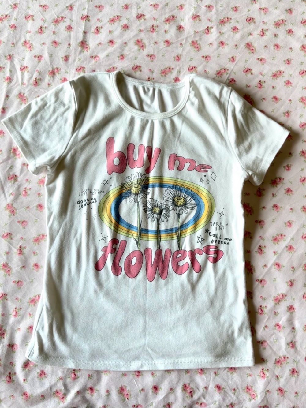 & Other Stories White Graphic 'Buy Me Flowers' Tee with Pink Lettering